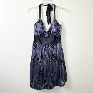 Trixxi Blue & Black Floral Tie Waist Bubble Hem Halter Neck Formal Dress Size L